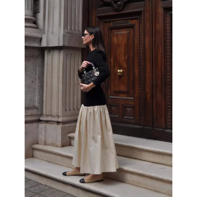 여성 맥시 스커트 패션 2025 새로운 우아한 대비 스플 라이스 Pleated 라운드 칼라 긴 소매 슬림 가운 여성 Partywear 드레스