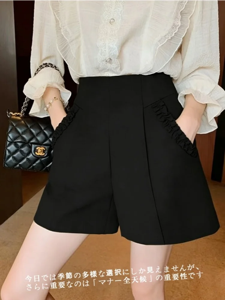 SMTHMA Nieuwe Mode Shorts Voor Vrouwen Hoge Taille 2026 Lente Collectie Zwart A-lijn Brede Benen Slanke Casual Korte Broek