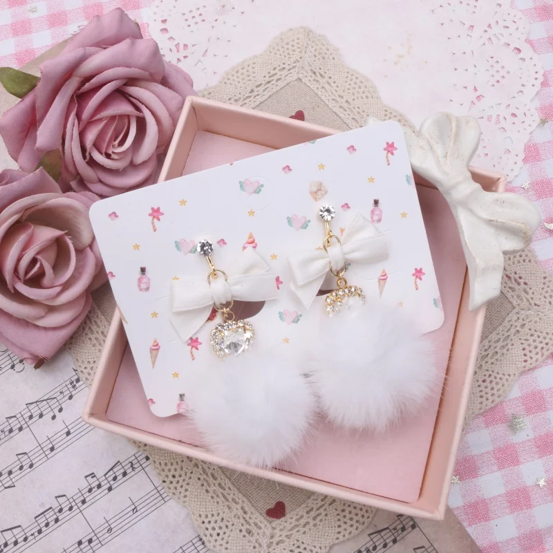 Soft Fur Feminine Earring Winter Ear Accessories Sweet Bowknot Heart Shape Rhinestone Pendant Kawaii Lolita Girl Y2K Earrings