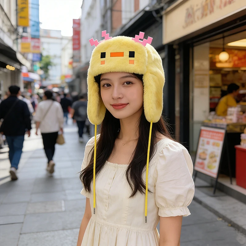 

Плюшевая шапка с ушками в стиле Y2K с мультяшной вышивкой в пиксельном стиле | Зимняя теплая шапка для девочек в игровом стиле