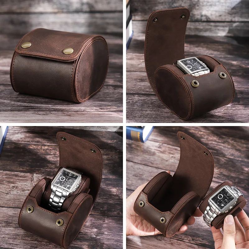 Handmade coffee-colored vintage crazy horse leather watch box with snap fastener, portable and creative watch storage box