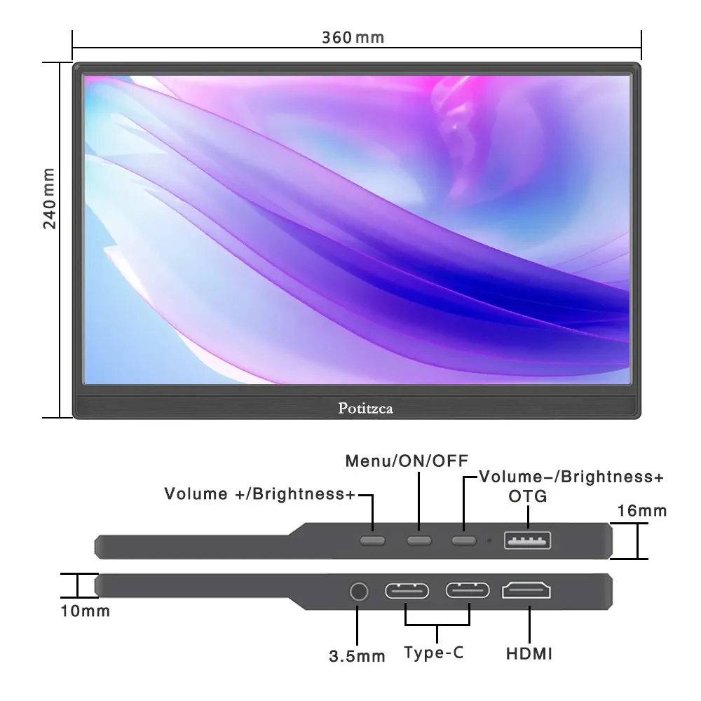 Monitor portatile Touchscreen da 16 pollici 1920x1200 Full HD IPS Panel 16:10 USB Type-C porta HDMI per Laptop/MAC/telefono/PS4/Xbox/Switch