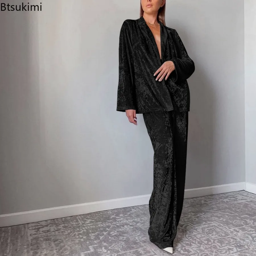 New Beige Velvet 2PCS Home Wear Sets Winter Long Sleeve Tops and High Waist Pants Pajamas Two Piece Set Women Nighties Sleepwear