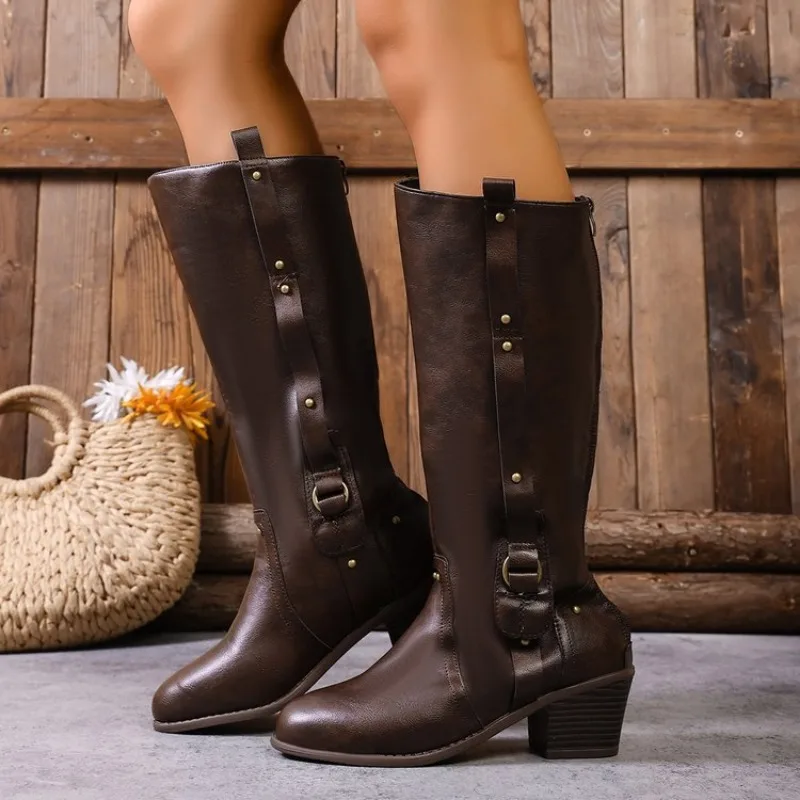 Botas marrons moda feminina cinto bule sobre o joelho botas de equitação altas primavera verão plataforma à prova dwaterproof água coreano plus size 41 42 43