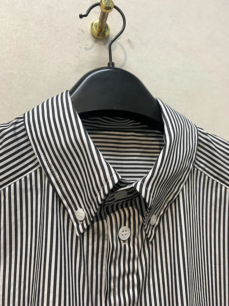 DEAT Fashion Women\'s Stripe Shirt Lapel Single Breasted Side Split Loose Fit Cotton Casual Blouse Autumn 2024 New tide 7AB4497