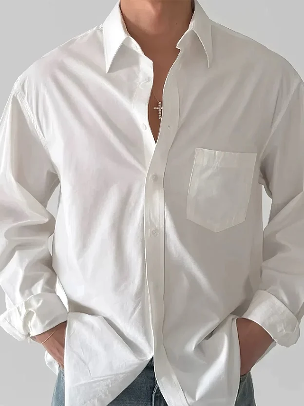 

American Style Casual Workwear Shirt Men's Ice Silk Four-Sided Elastic Loose Long Sleeve Classic Pocket Shirt Basic Trendy