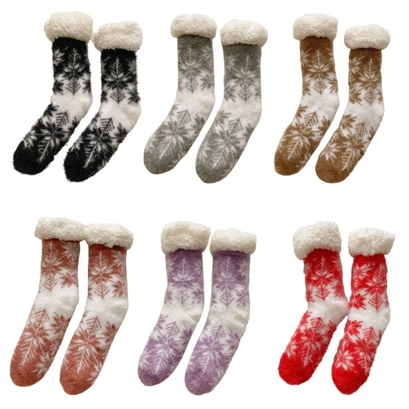 Womens Christmas Fleece Lining Fuzzy Slipper Socks with Grippers Snowflake Pattern Winter Thermal Non-Slip Floor Socks