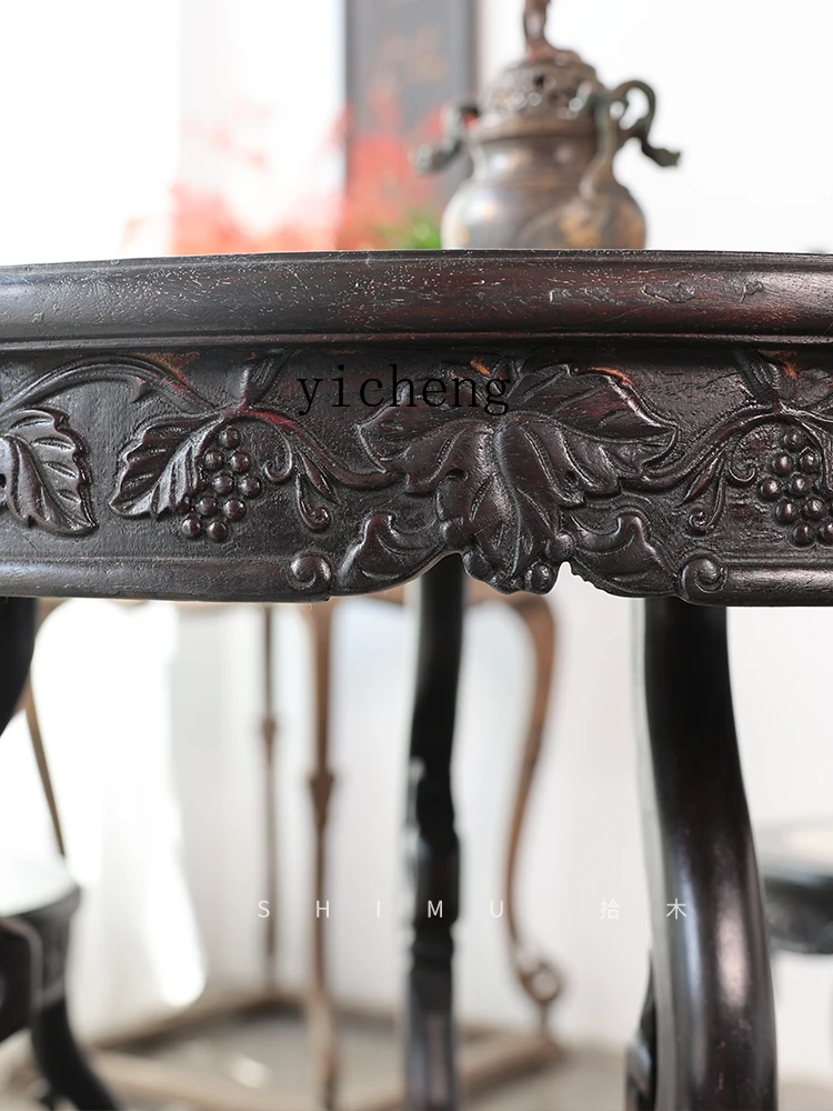 QZT1  Small Round Table Dining Table and Chair Set Tea Table Round Marble Solid Wood Antique Style