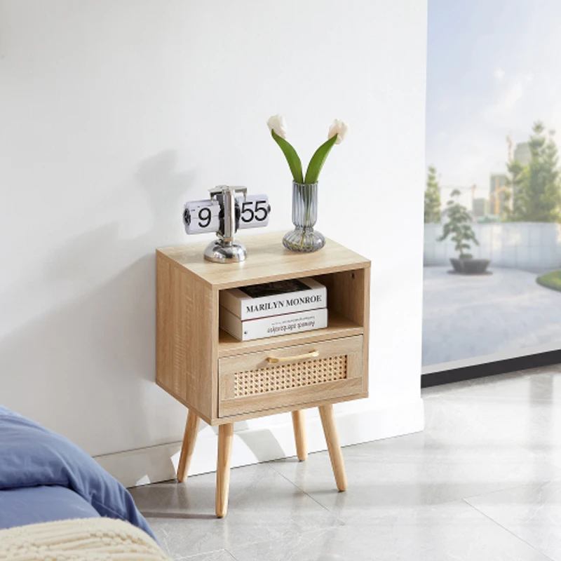 

15.75" Rattan End table with drawer and solid wood legs, Modern nightstand, side table for living room, bedroom,natural