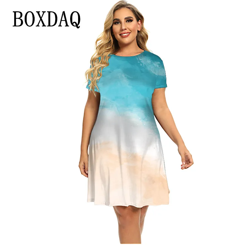 Gradient Tie Die Women Print Dress For Elegant 2022 Plus Size Summer Ladies Dress Casual Short Sleeve O-Neck Mini Loose Clothing