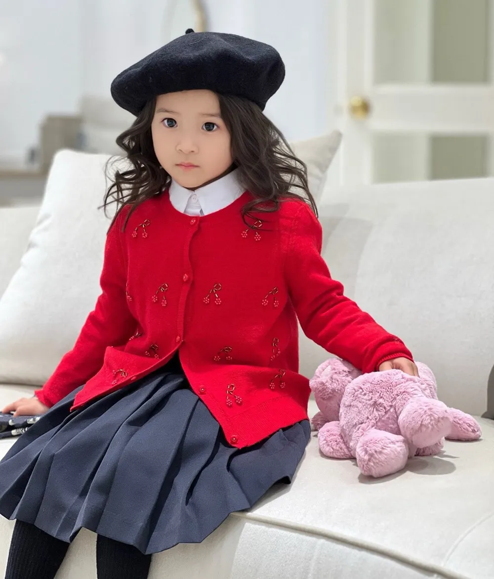 kids coat baby girls clothes soft wool sweaters New Year's Red cardigan Handmade bead Cherry fruit pattern embroidery clothes