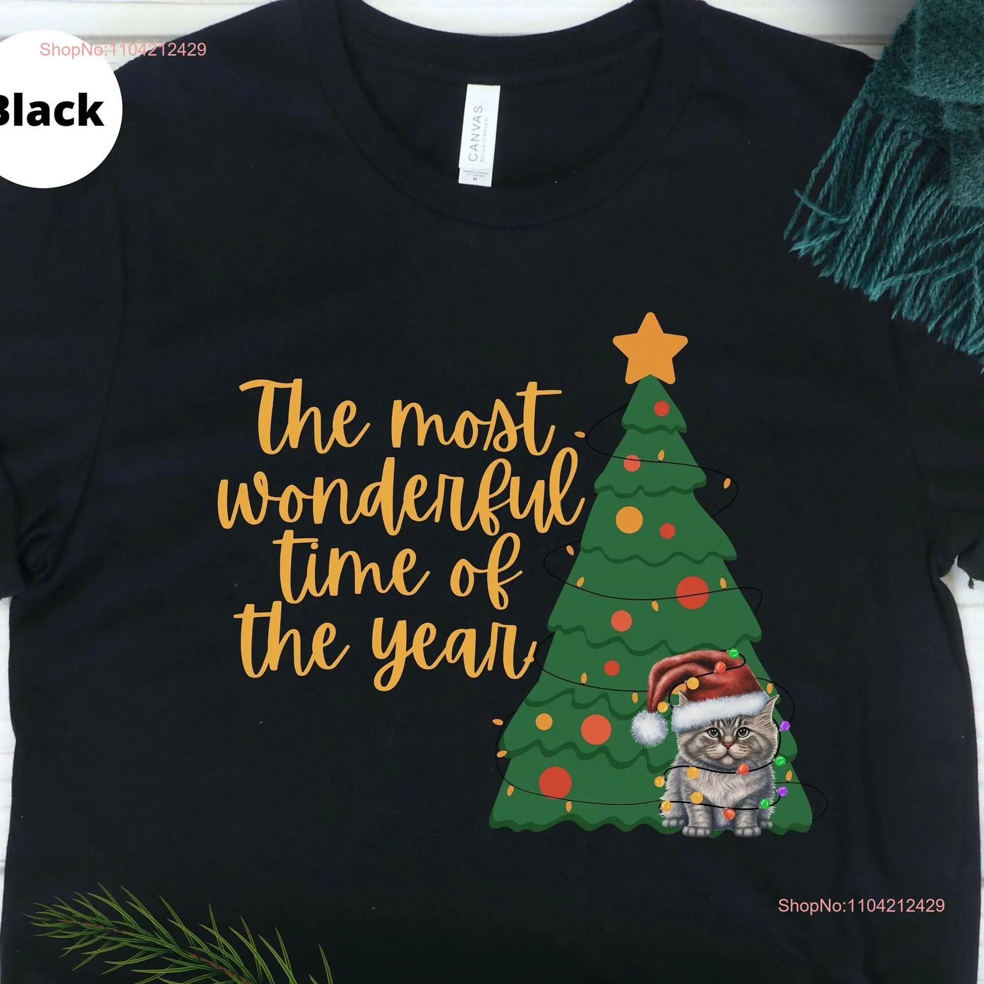 Christmas CaT T Shirt Tree in lights Holiday Most Wonderful time of the year Lover gift long or short sleeves