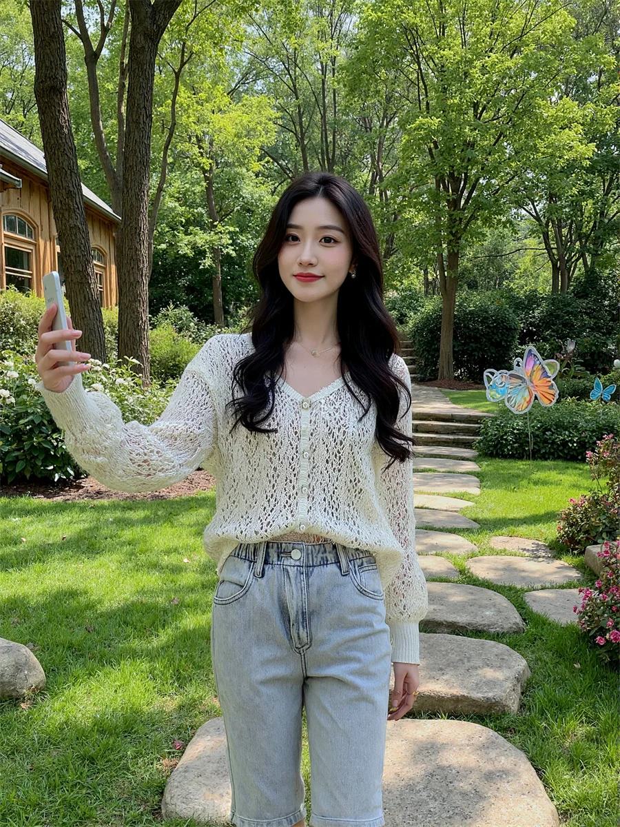 

Cardigans Woman Hollow Out Sweet Solid V-Neck Sweaters Jumpers Clothes For Women In Autumn Half-Button Collared Casual Office OL