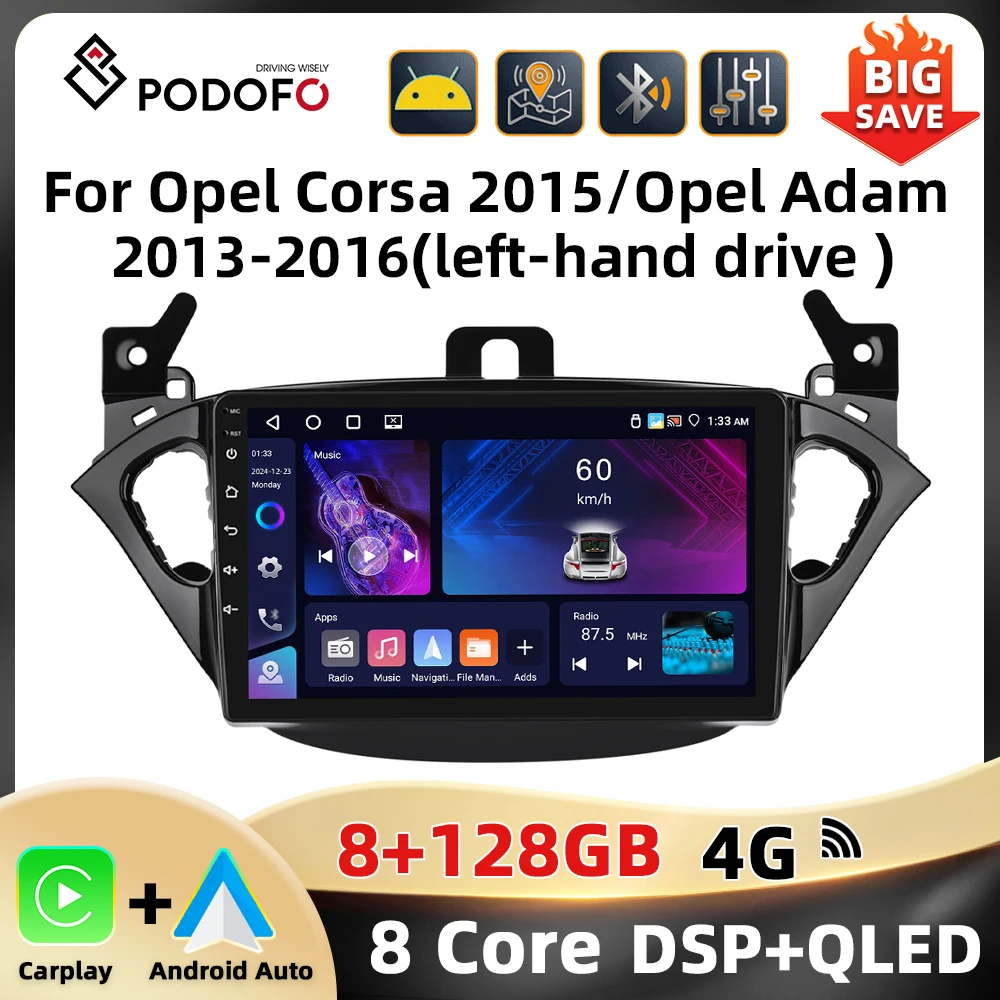Podofo 2Din 8 + 128G Autoradio Per Opel Corsa 2015/Opel Adam 2013-2016 Lettore Multimediale AI Voce Carplay Android Auto BT GPS WIFI