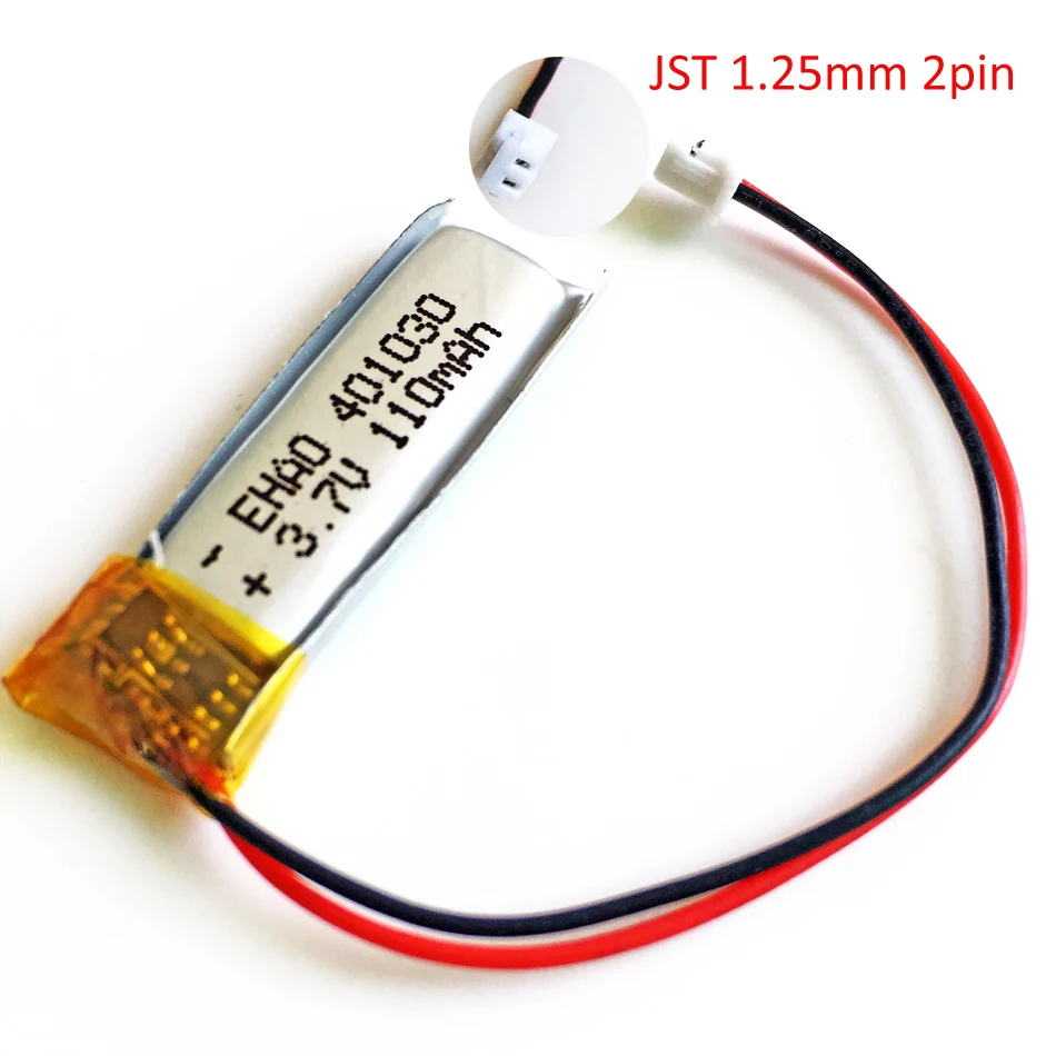 3.7V 110mAh Lithium Polymer Lipo Rechargeable Battery 401030 + JST 1.25mm 2Pin Plug For MP3 GPS Bluetooth Headset Video pen