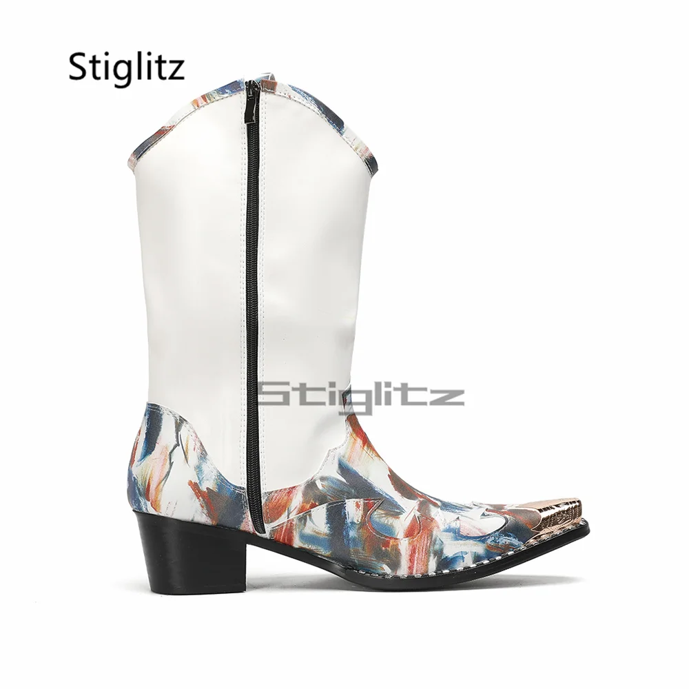 

Graffiti Prints Riding Boots for Men High Heels Chelsea Boots Metal Pointed Toe Western Cowboy Boots Genuine Leather Shoes