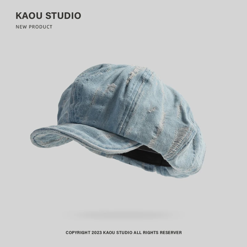 Korean Version of Personalized Old Denim Hole Design Beret Women\'s Spring and Autumn Large Version Casual Octagonal Painter Hat