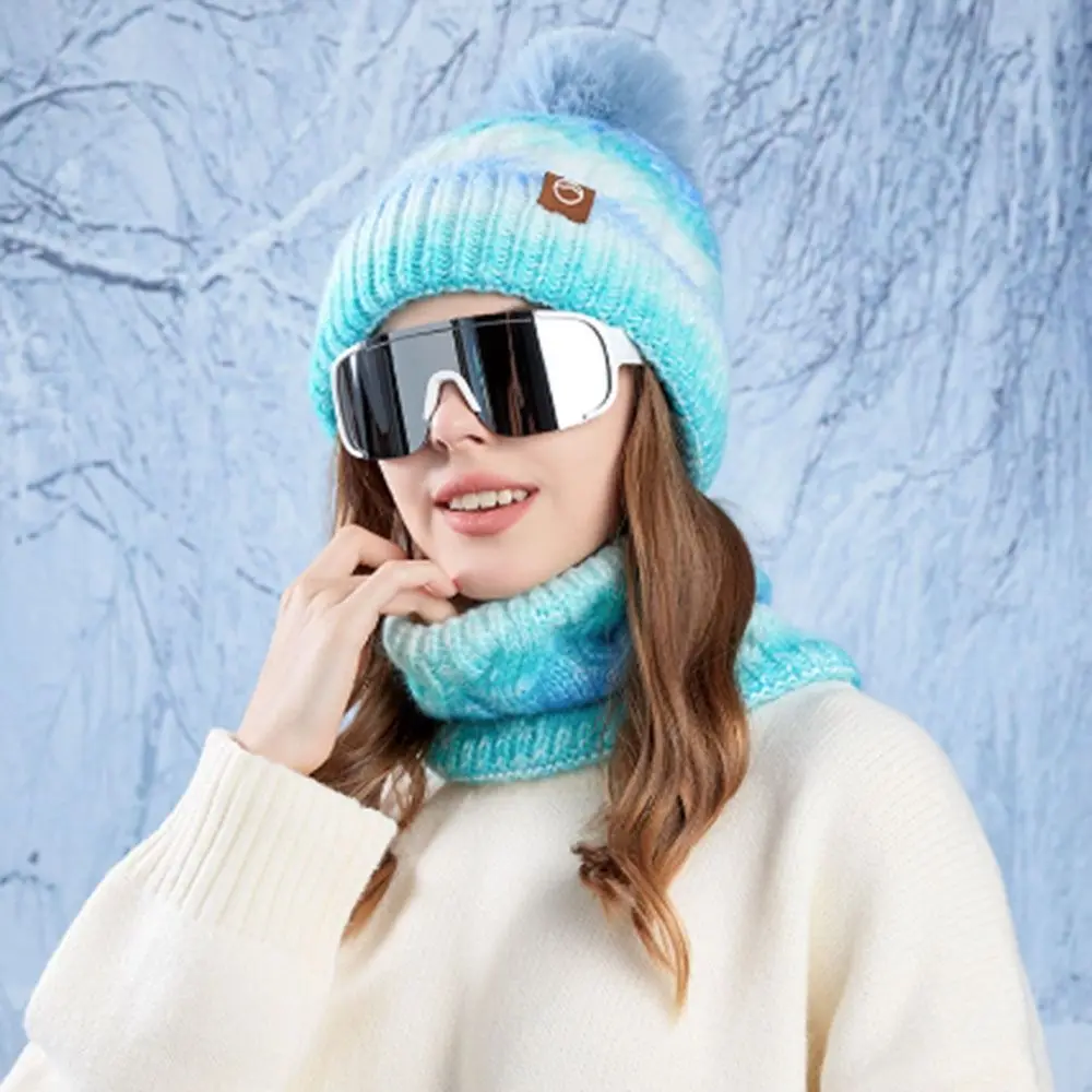 Gradient Color Knitted Hat Scarf Set Cold-proof Thickened Beanies Caps Windproof Winter Warm Ear Protection Cap for Woman