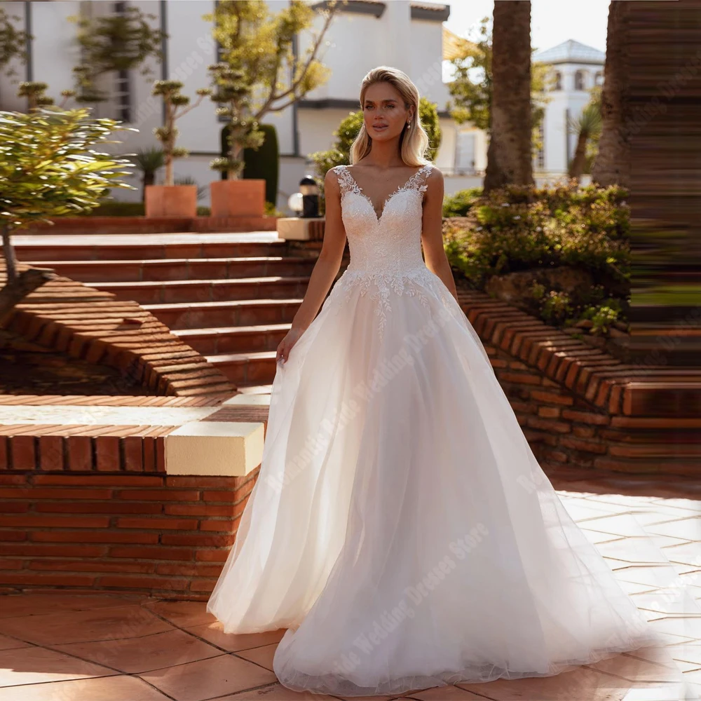 فساتين زفاف نسائية مثيرة على شكل حرف v دانتيل فساتين حفلات مطبوعة بالزهور تول تطهير طول الأميرة الكرة فيستدوس دي نوفياس مخصصة