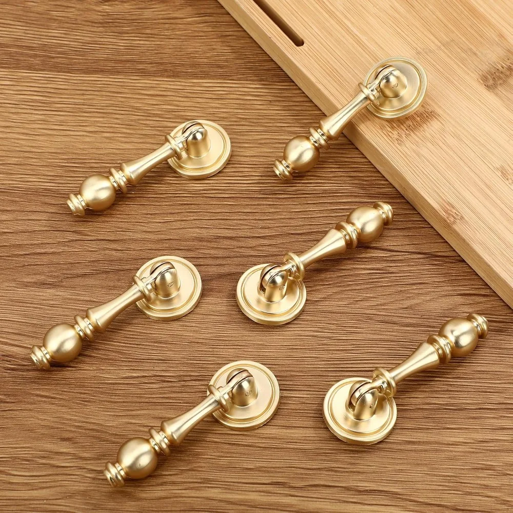 Solid Brass Drop Cabinet Pulls Brushed Golden Cabinet Knobs for Dresser and Drawers Home Decoration