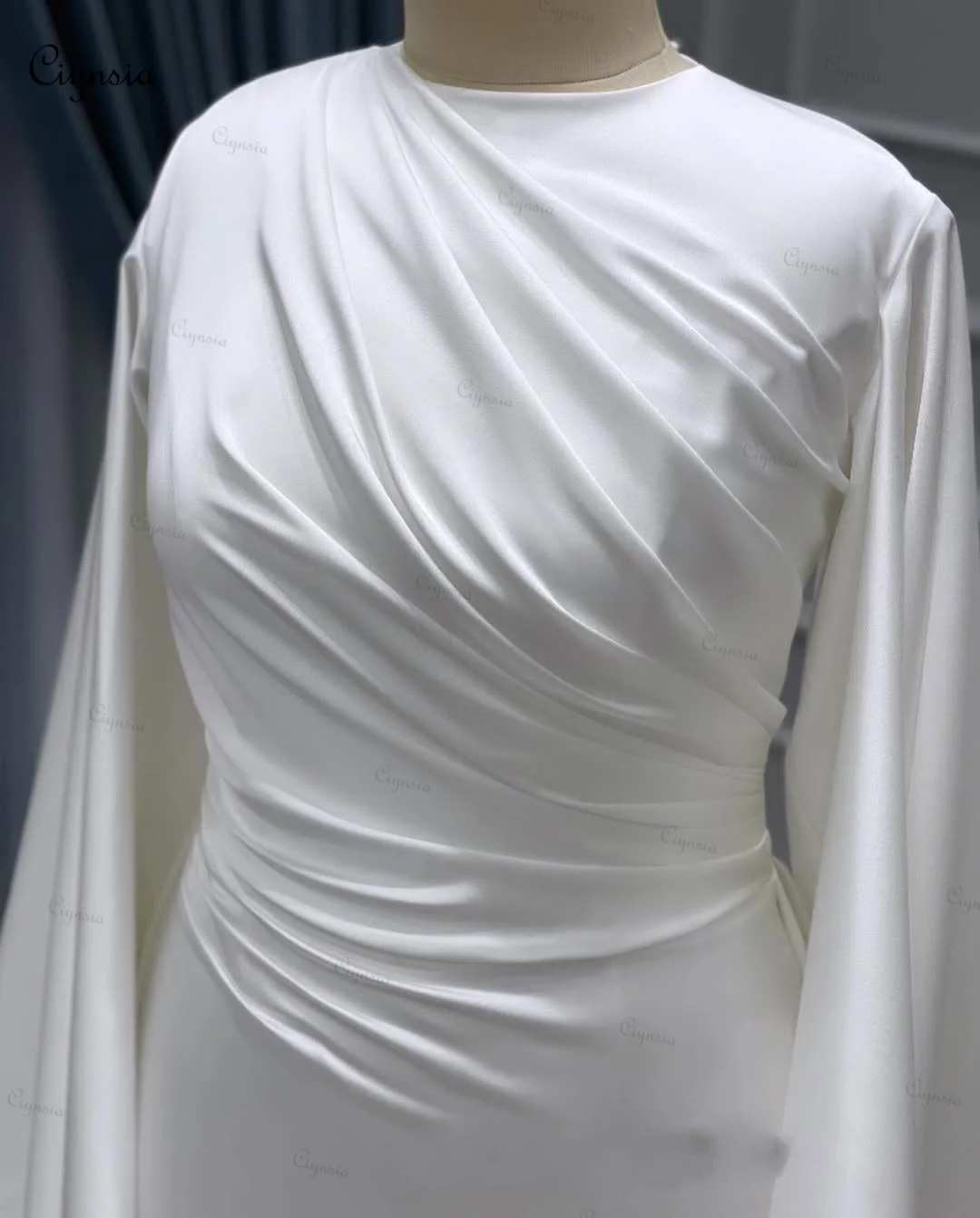 Ciynsia Ivoorwitte Trouwjurken Met Lange Mouwen Vrouw Luxe Zijde Satijn Geplooide Moslim Robe De Mariée 2025, Aangepaste Bruidsjurk