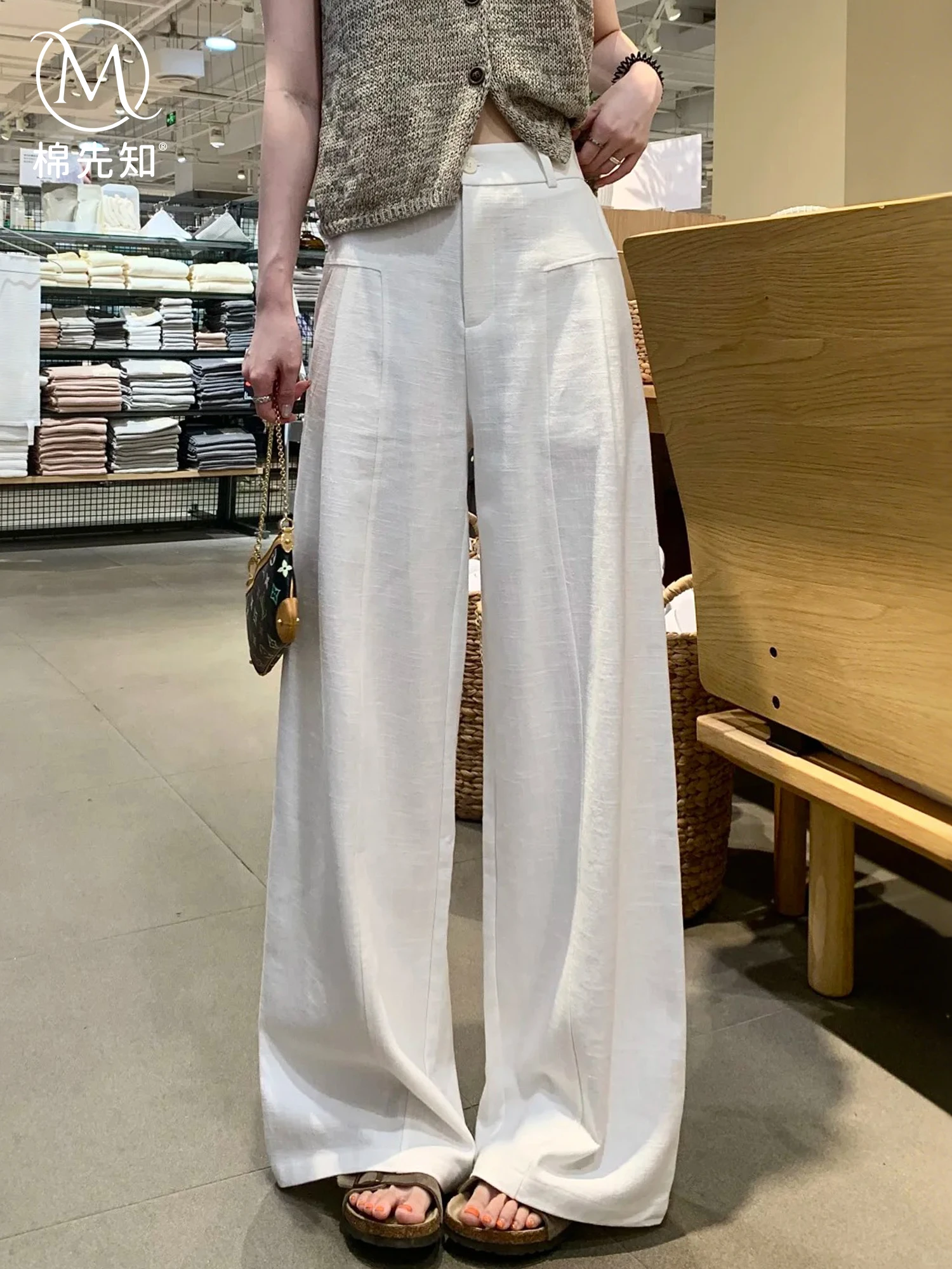 

White Linen Wide Leg Pants Women Summer Thin Drapey Suit Linen Cotton Blend Casual High Waist Trousers