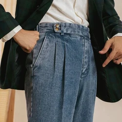 Y2k Mens Jeans Double Pleated Washed Baggy Jeans Autumn Casual Fashion Versatile British Business Cowboy Jeans Men's Clothing
