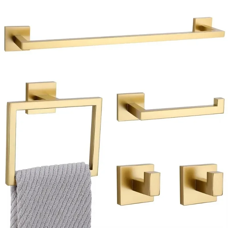 

5 Pack Gold Shelf Stainless Steel Wall Mounted Bath Bathroom Hardware Accessories Gold Luxury Shower Towel Rack Set for Bathroom