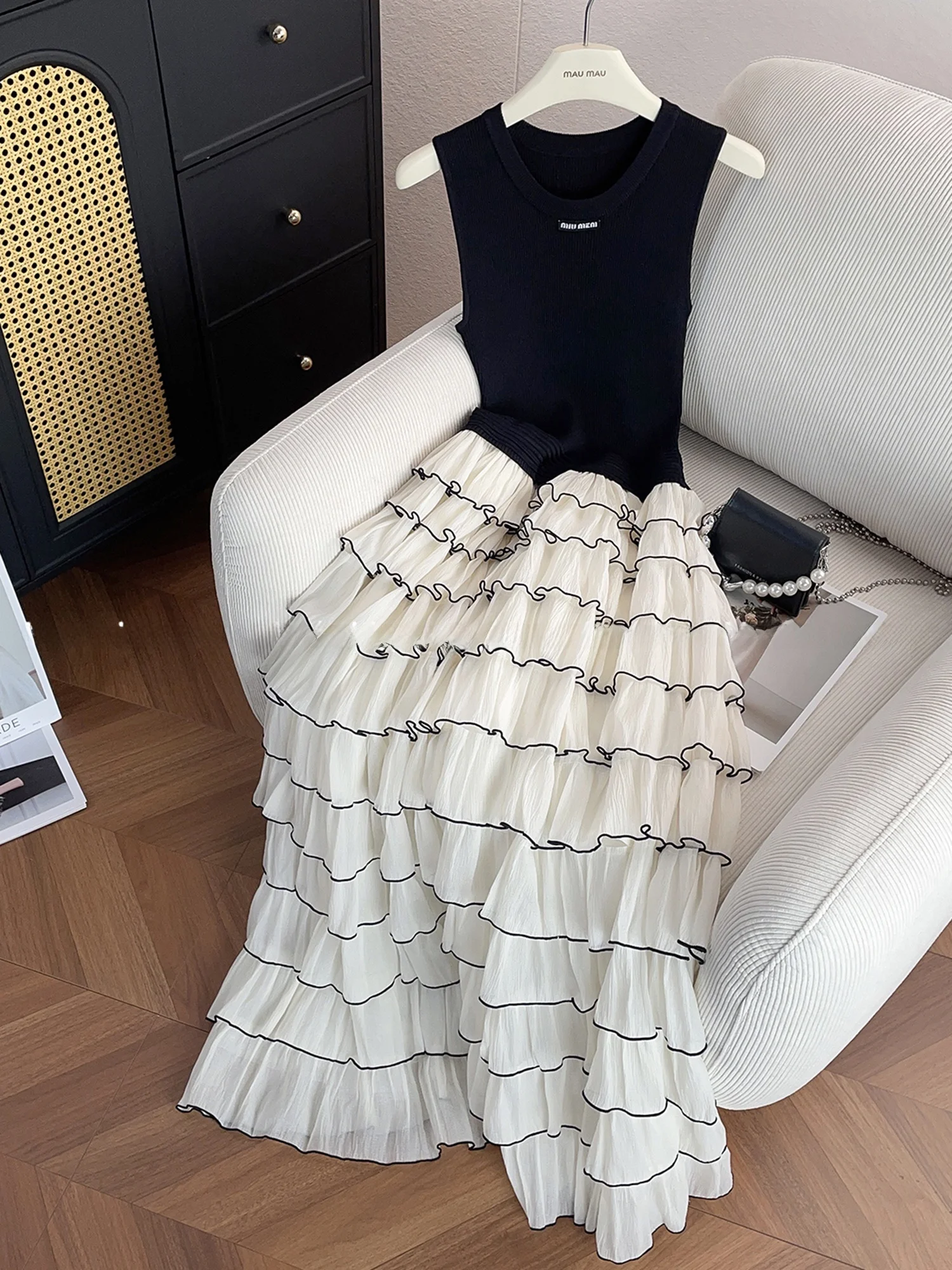 

Ele Summer New Design High Waist Cake Skirt Women's Dr Fake Two-Piece Gored Paneling French Sle Casual round Ne