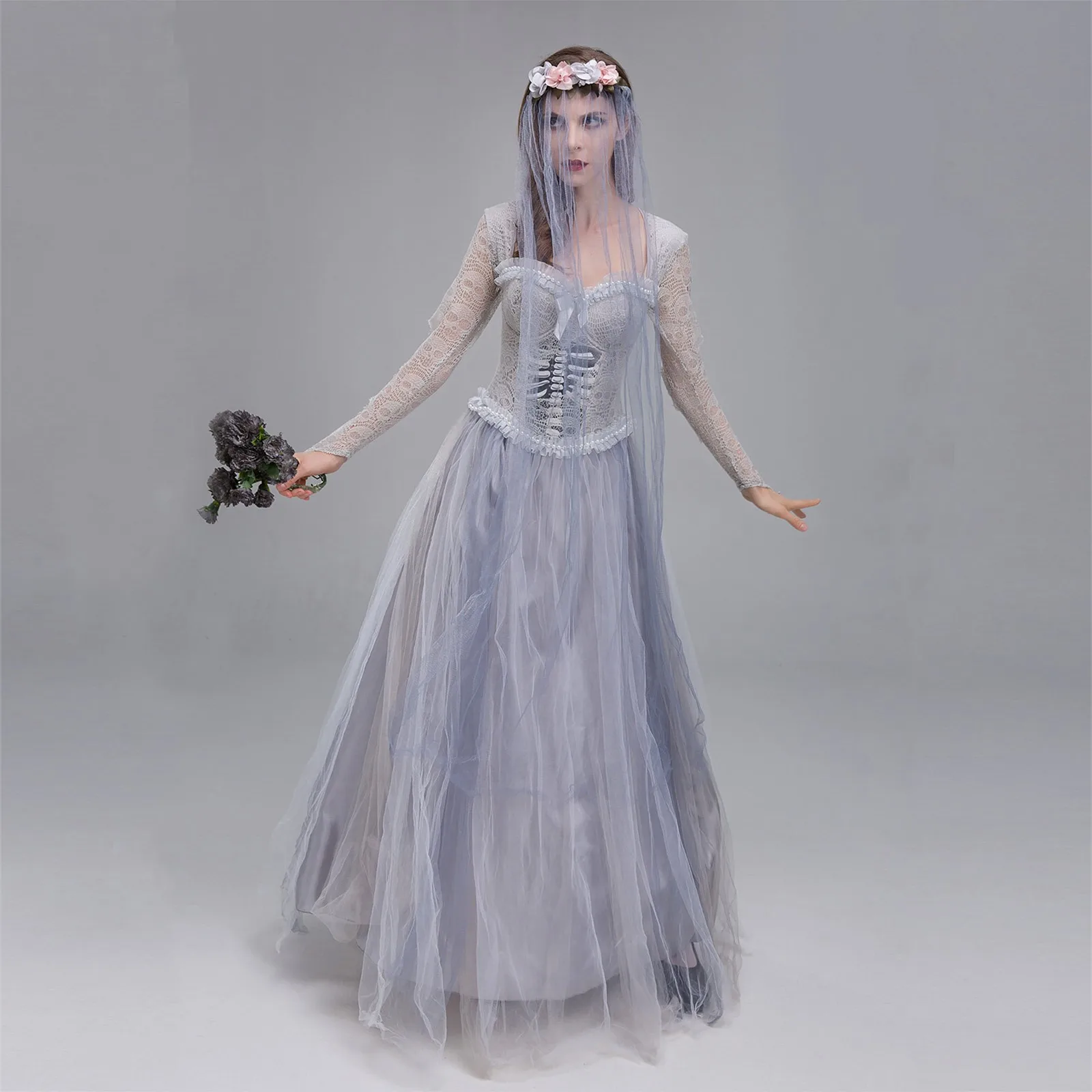 New Women Fashion Ghosts Bride Cosplay Costume Halloween Horror Zombie Roleplay Fancy Party Dress With Veil Carnival Party Suit