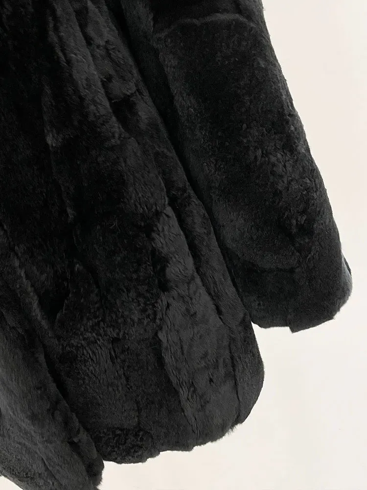 Women 2025 Winter Real Rabbit Fur Coat Natural Rabbit Fur Jacket Female Warm Hooded Solid Color Black Fur Jacket Women