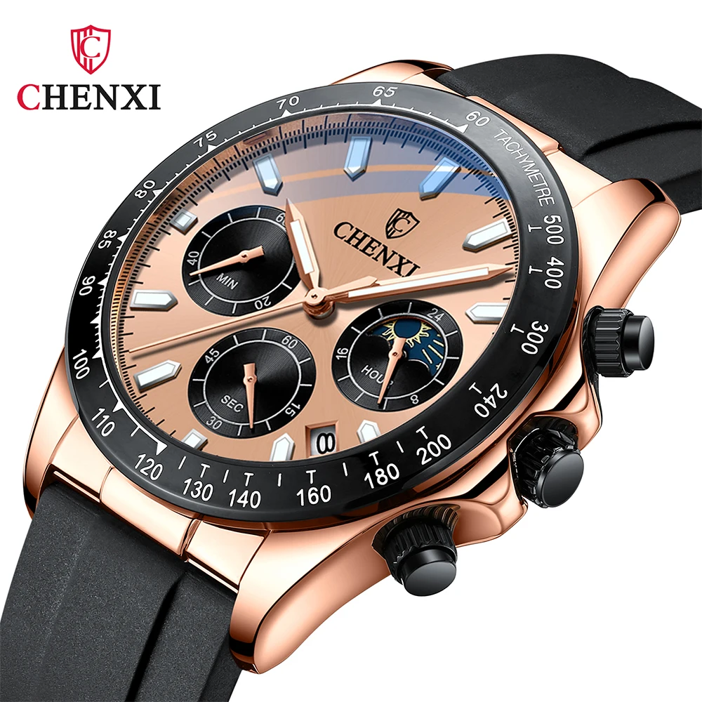 Chenxi multi-funcional esportes pulseira de silicone homem relógio fase da lua à prova dwaterproof água cronógrafo negócios casual quartzo relógios masculinos