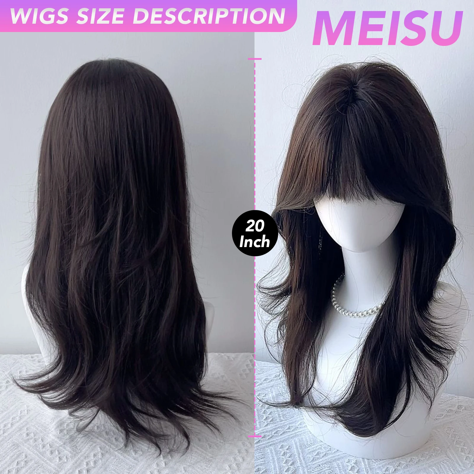 MEISU 20 بوصة الشاي الأسود مجعد شعر مستعار اصطناعي مقاومة للحرارة الطبيعية السلس الشعر أنيق شعر مستعار للحفلات للنساء