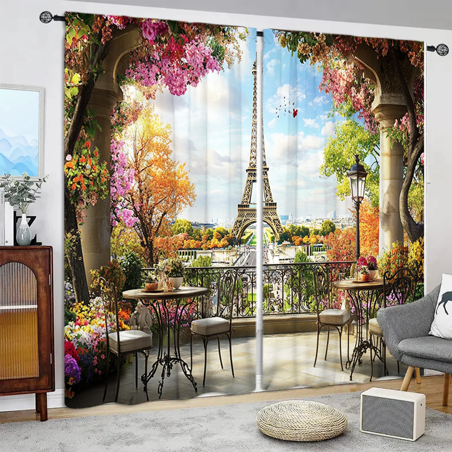 2pcs Famous Eiffel Tower Printed Curtain for Home Decor - Rod Pocket Window Treatment for Bedroom, Office, Kitchen, Living Room