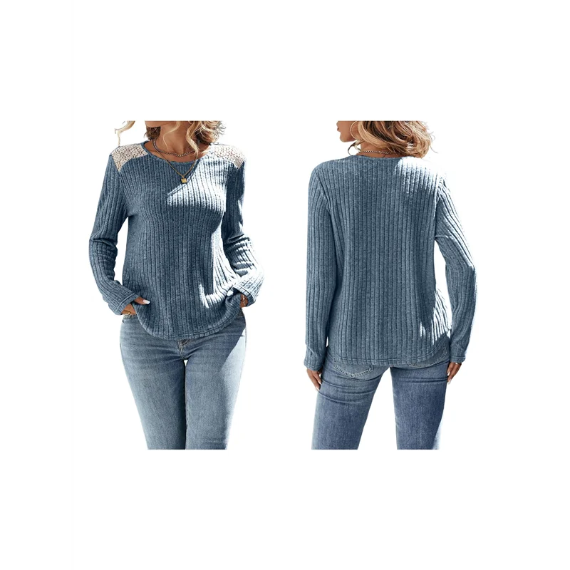 

CGS-Womens Casual Crew Neck Shirt Lace Patchwork Blouses Pullover Sweaters Solid Color Long Sleeve Tunic Tops