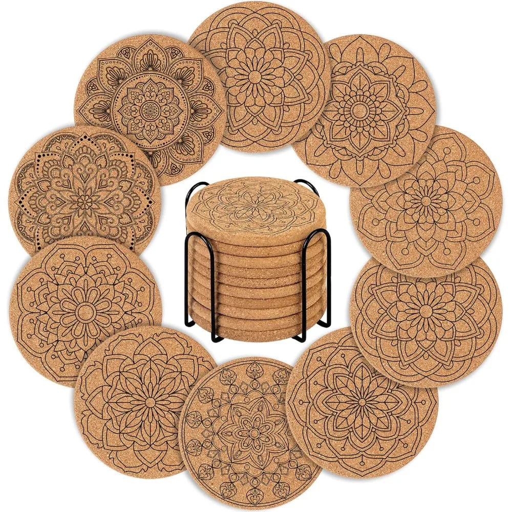 

10 Pieces Cork Coasters For Drinks, Cup Coasters With Holder For Coffee Table Tabletop Protection, Home Decor, Suitable