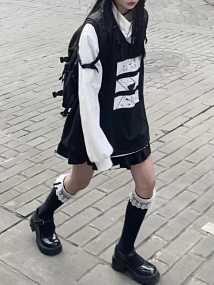 Y2k الجمالية أنيمي المطبوعة سترات النساء خمر التداخل أكمام فضفاضة صدرية القمم Harajuku الجرونج موضة الدبابات