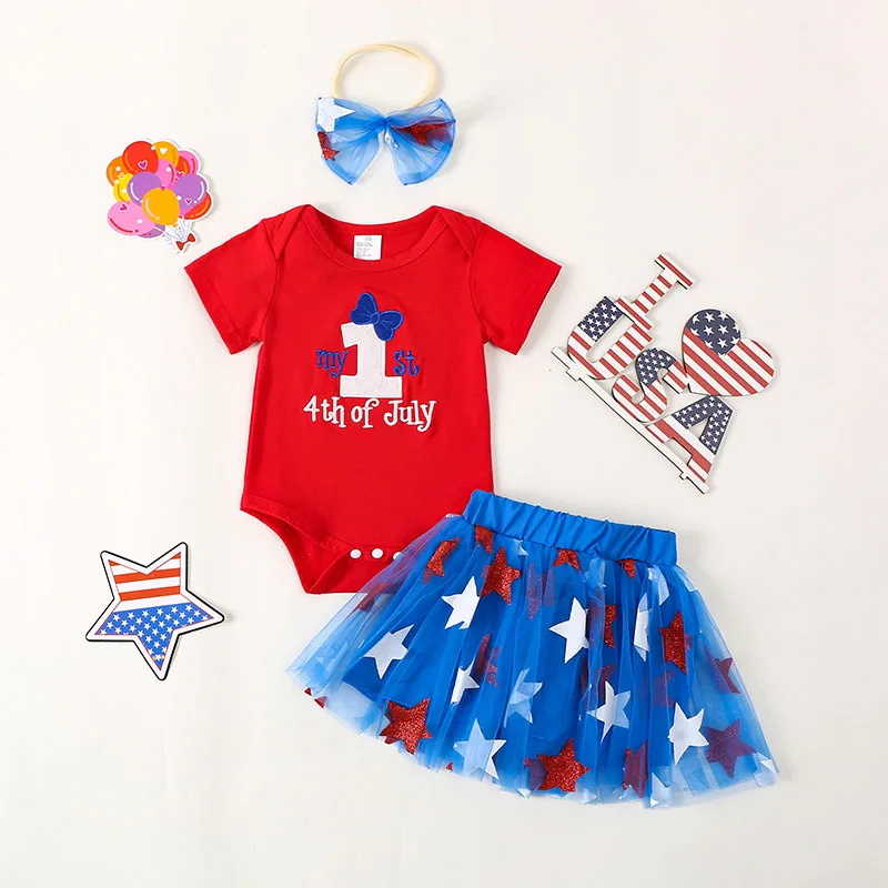 

Newborn Infant My First 4th Fourth of July Baby Girl Outfits Romper White Red and Blue Shorts Headband