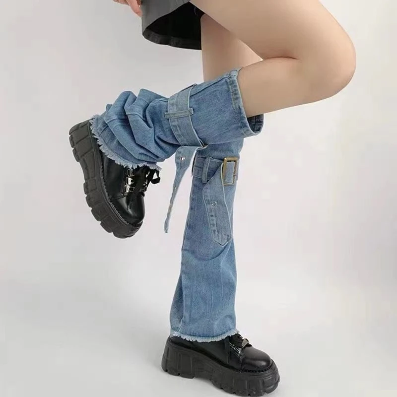 Distressed Blue Jeans Leg Warmer with Buckled Straps Punk Over Knee Flared Socks Dropshipping