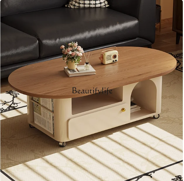 

Solid wood antique movable coffee table minimalist Italian living room household small apartment tea table with wheels
