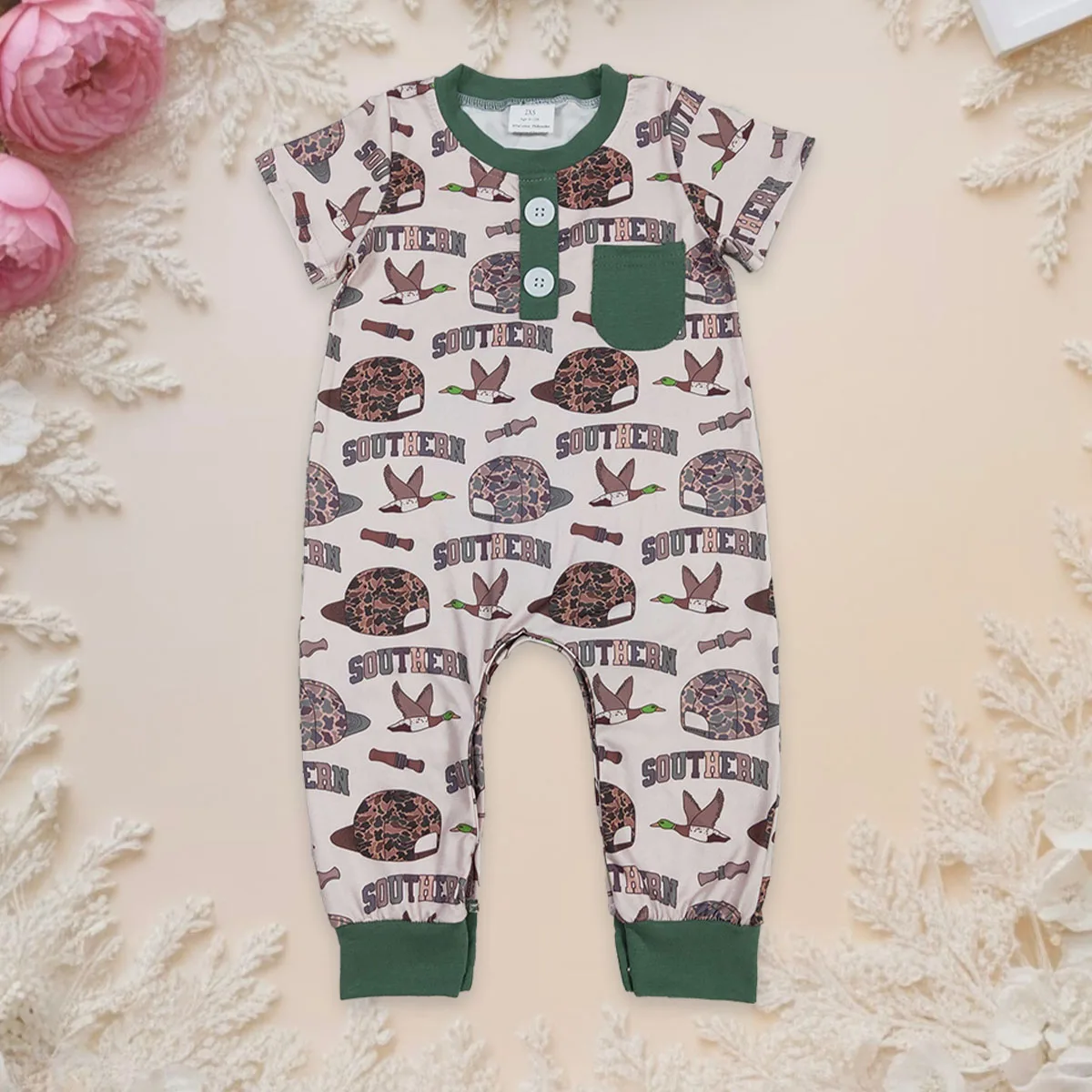 

Kids Clothing Baby Boy Short Sleeves Camo Hats Ducks Button Pocket Rompers Newborn Bodysuit Children Toddler Bubbles Jumpsuit