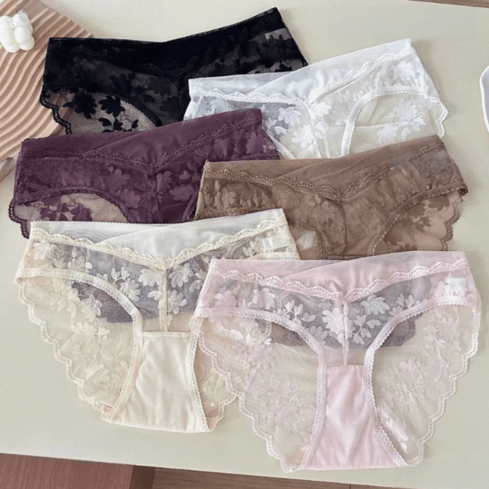 Thin Mesh Lace Flower Panties Low Waist Transparent Lace Briefs Breathable French Style Briefs Girl