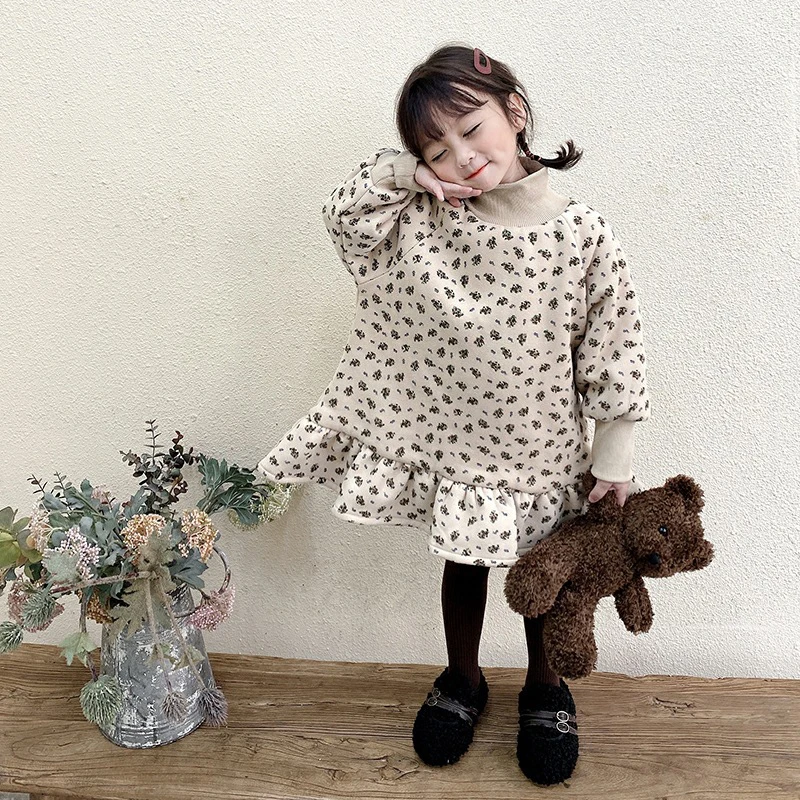 Kids Girls Autumn Winter Thickened Warm High Neck Sweater Dress 2023 New Korean Baby Velvet Children\'s Dresses