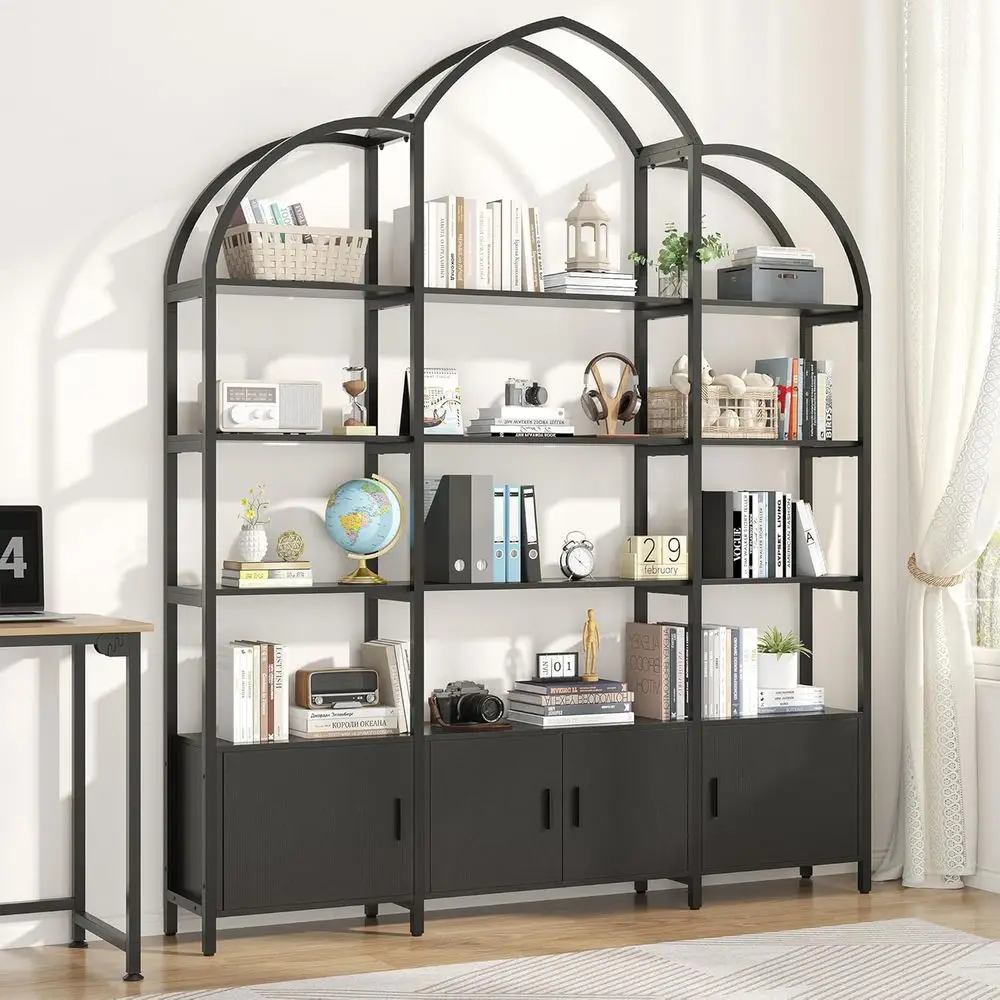5-Tier Tall Arched Bookshelf with Storage Cabinet, Triple Wide Industrial Style, Black for Living Room or Home Office