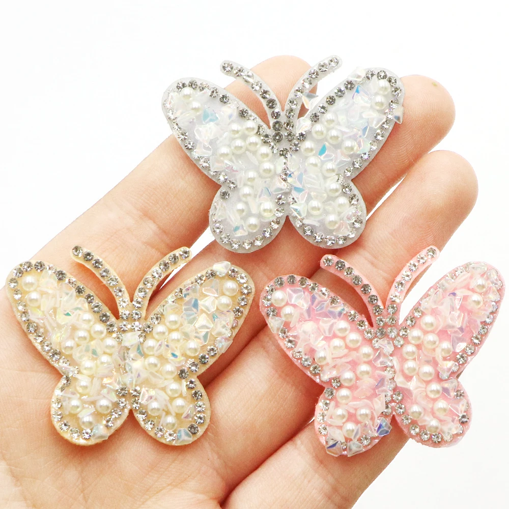 10 Teil/Beutel Schmetterling Perle Strass Aufnäher für Kleidung Schmetterling Weiße Perle Bling Strass Applikation Reparatur Patch – Detail 3