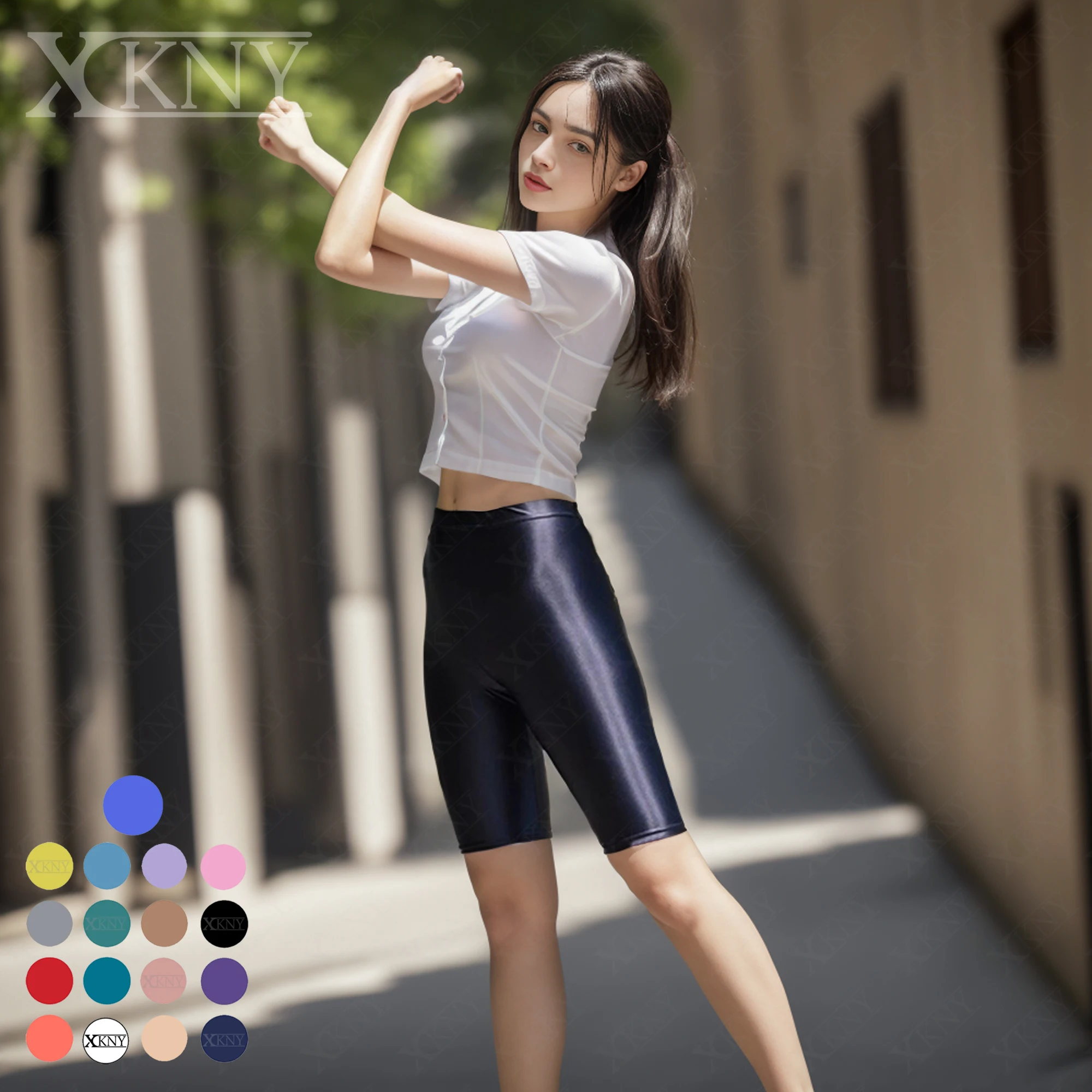 XCKNY glossy shorts oil silk high elastic pants cycling slim pants sexy silk slim high waist shorts