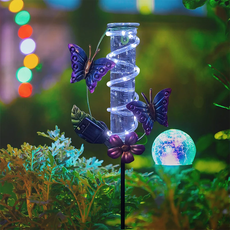 

1pcs Solar-Powered Iron Art Rain Gauge Handicraft Metal Butterfly Glass Design for Outdoor Courtyards & Gardens