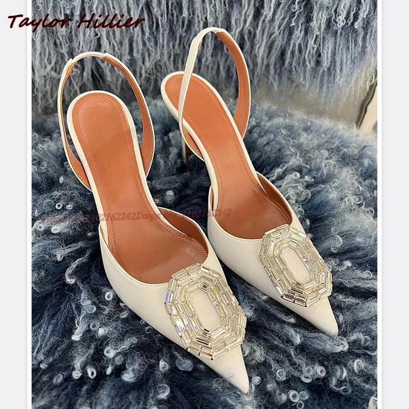 Oval Rhinestone Buckle Pumps Sandals Pointed Toe Low Heel Slingback High Heels Sexy Elegant Party Luxury Dress Women\'S Shoes