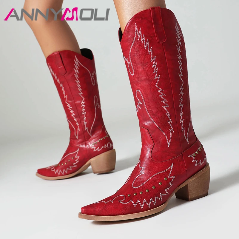 

ANNYMOLI Women Mid Calf Boots Pointed Toe Thick High Heels Rivets Embroidery Western Cowgirl Boot Ladies Fashion Shoes Winter 43