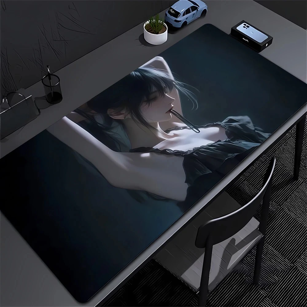 Large Black Anime Dark Girl Non-Slip Mousepad XXL Office Gaming Desk Mat with Keyboard Edge Locking Accessory